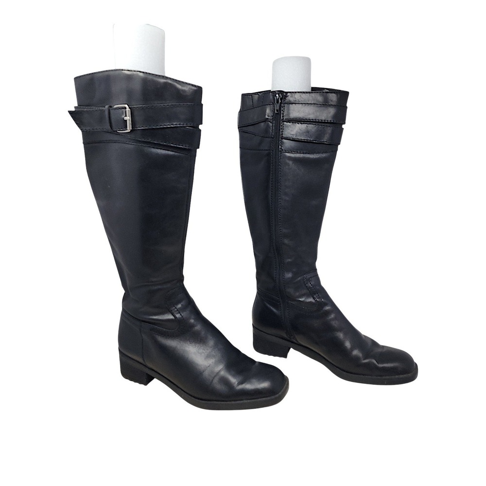 Bandolino Riding Boots 7.5M Women Peggy Black Leather Buckle Tall Zip Lug Sole